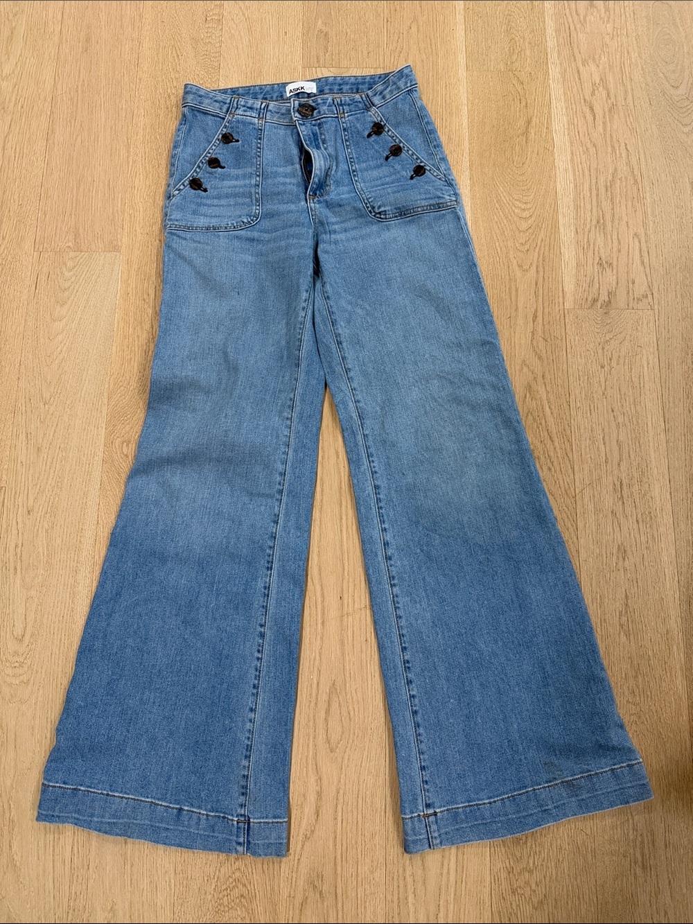 ASKK NY Light Blue High-Rise Wide Leg Jeans with Button Detail